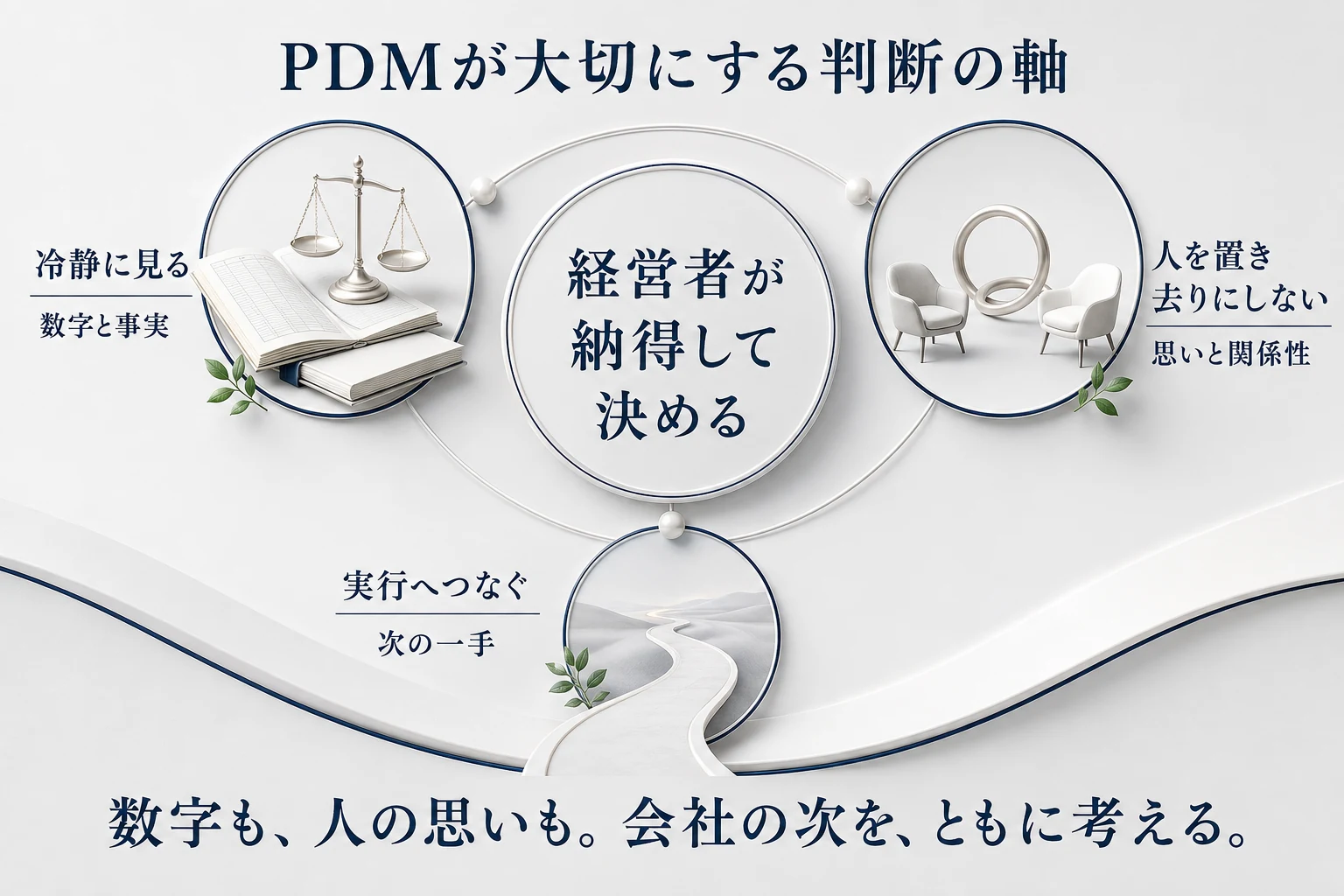 経営者が納得して決めるために、数字を冷静に見る、人の思いを置き去りにしない、実行へつなぐというPDMの判断の軸