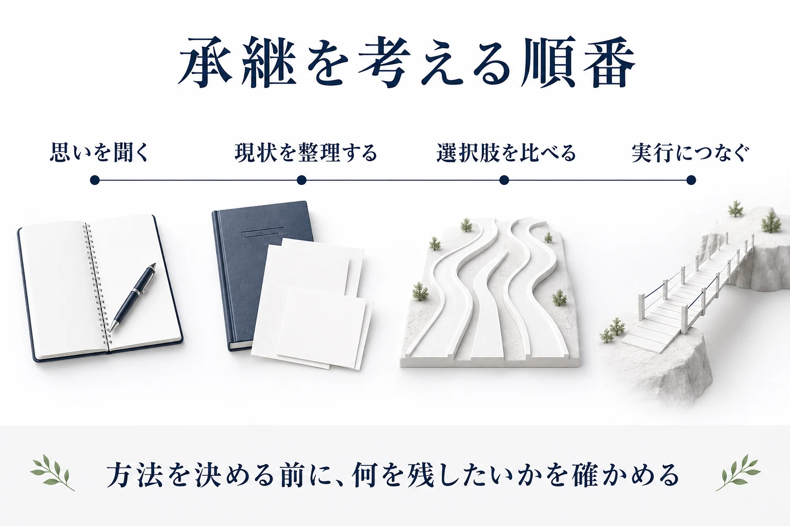 事業承継を、思いを聞く・現状を整理する・選択肢を比べる・実行につなぐの順に考える図解
